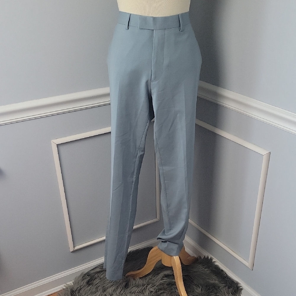 SANDRO Blue Gray 100% Virgin Wool Flat Front Straight Leg Dress Career Pants 42